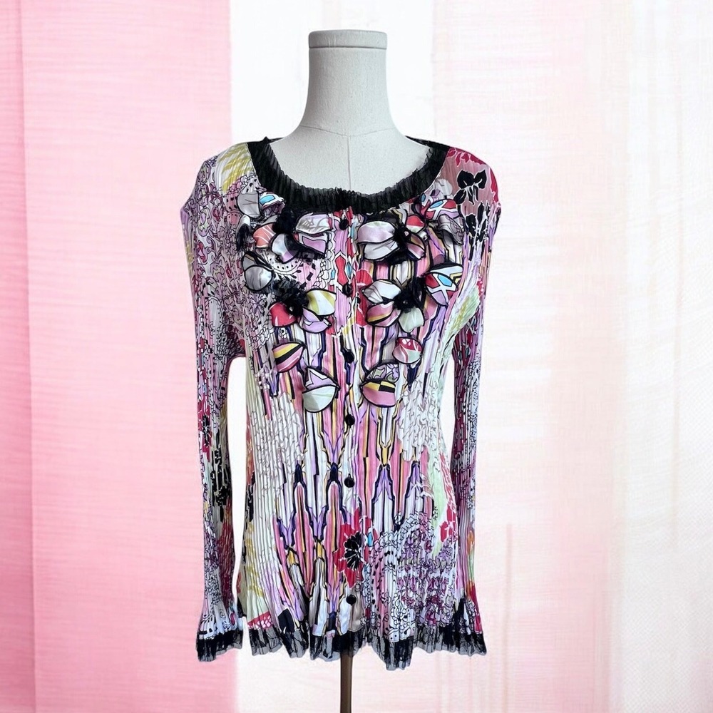 Alberto Makali Pleated Floral Cardigan‎ 3D Applique Mesh Trim Multi Color XL NEW